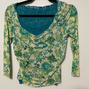 Vintage 90s/Y2K micro mesh and lace floral top green and blue